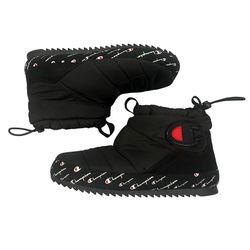 Women's 8W Black Champion Rally Script Winter Snow Slip-On Booties Cozy Lined 