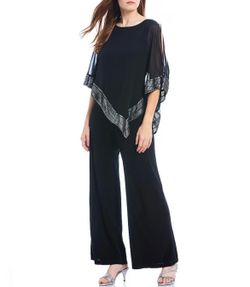SLNY Foil Trim Boat Neck Asymmetric Cape Jumpsuit