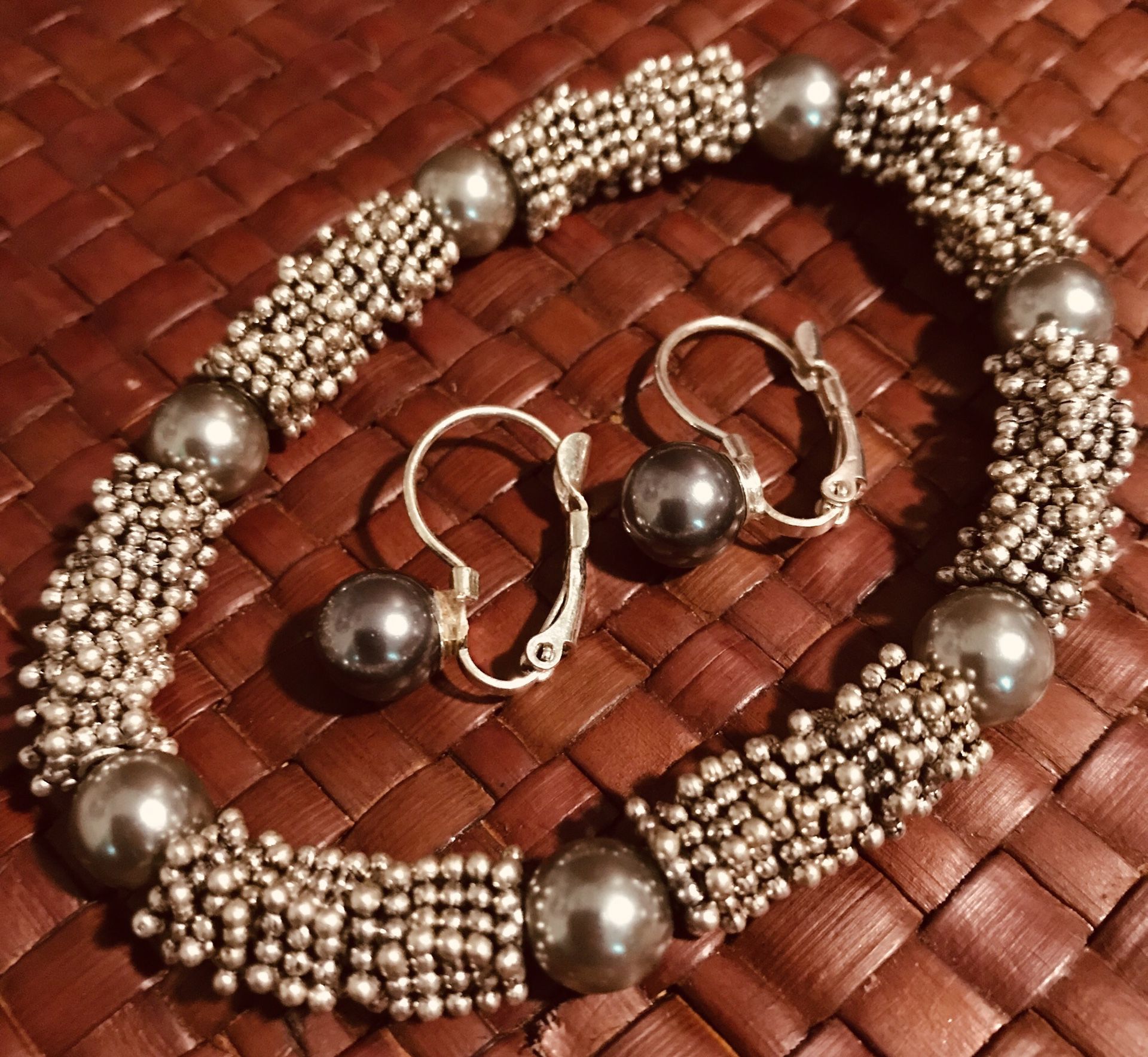 Jewelry silver set, adjustable bracelet