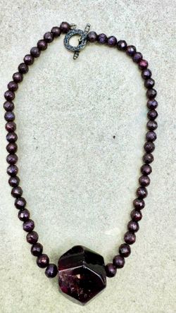 Natural Raw Almandine Garnet & Faceted Pearls Sterling Clasp Necklace 74grams