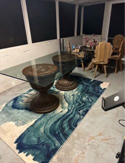 Glass Top Dining Table with Ornate Wood Pedestals