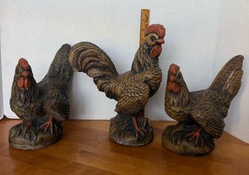 Vintage Cast stone/ Concrete Rooster and 2 Hens Outdoor Figurines. Lopez Imports