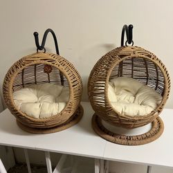 Two wicker Woven Cat or Small Dog Bed/Hanging Basket Cat Swing with removable cushion