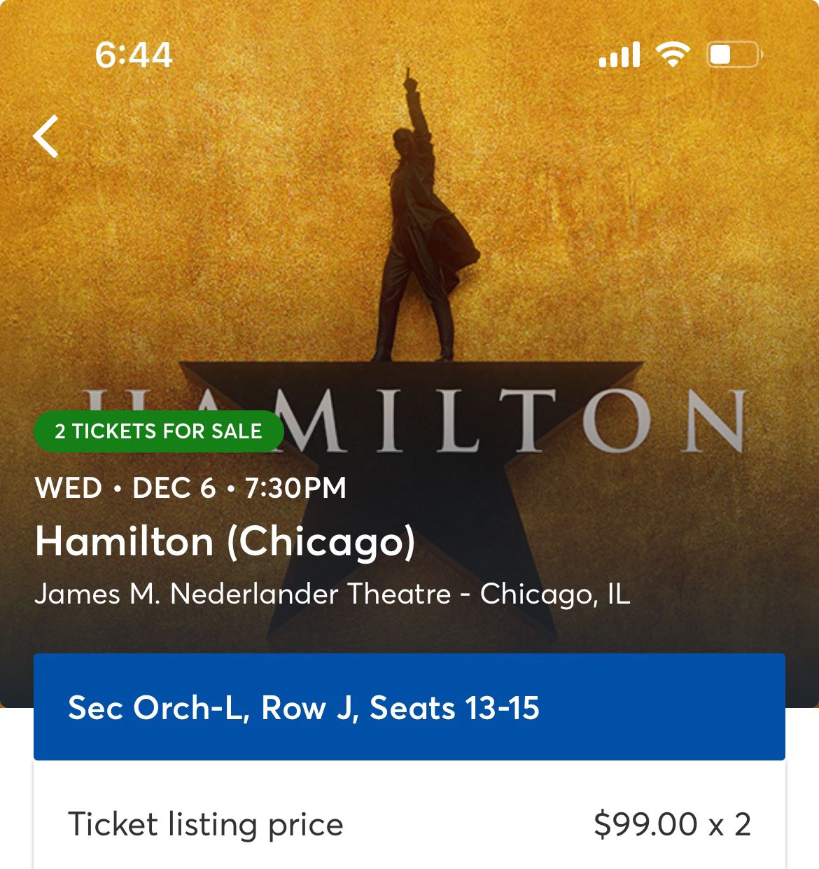 Hamilton Chicago ticket ,12/6/2023, 7:30 PM