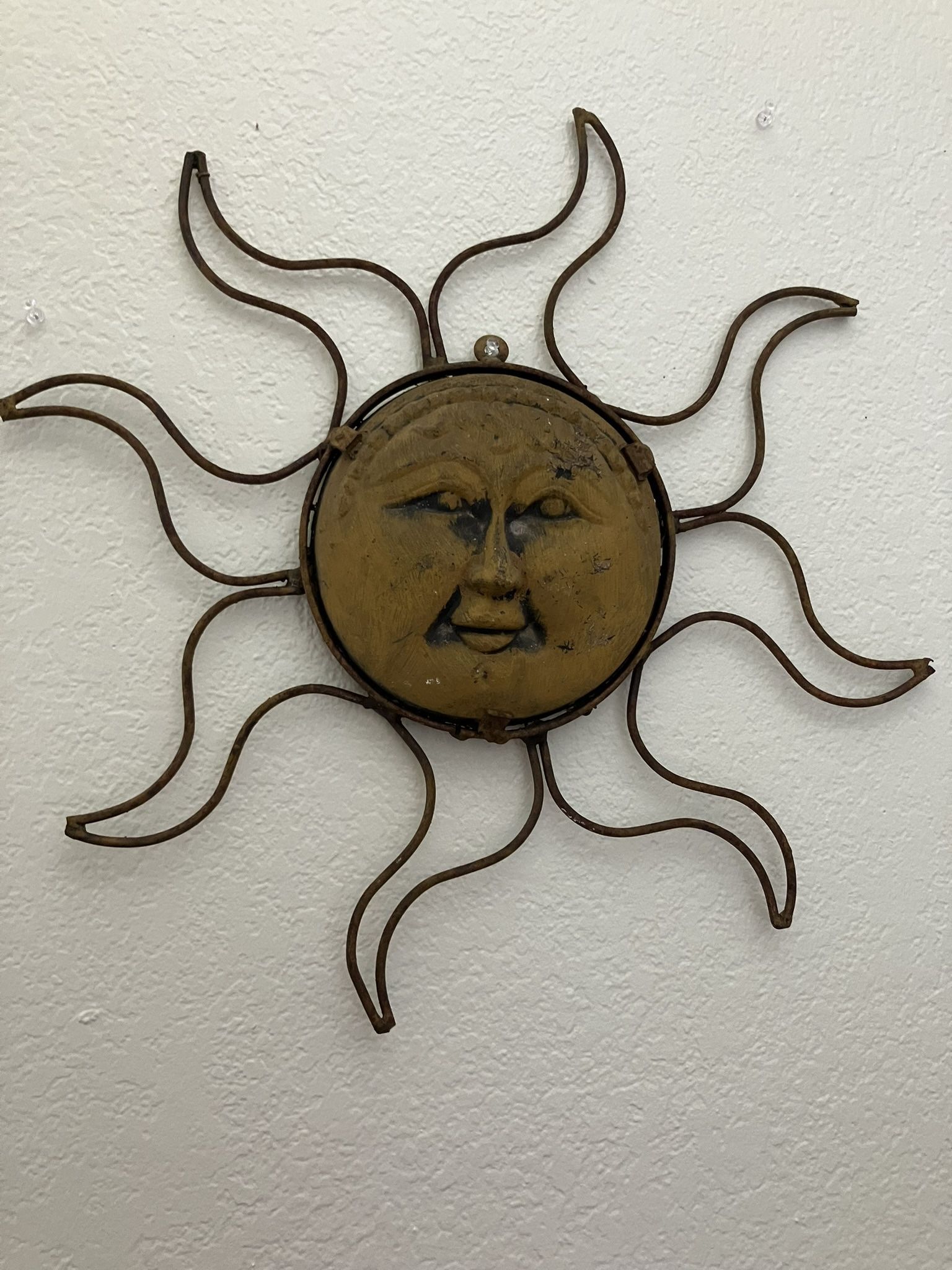 Vintage Mexican Wrought Iron And Clay Sun Face Wall Art Indoor Outdoor