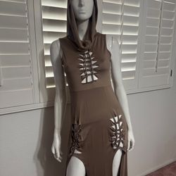new large long tan hood apocalypse alt cyber goth dress festival rave slits gothic