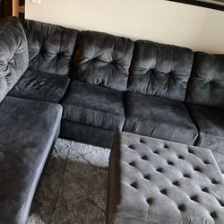 Sectional Gray Fabric Sofa And chaise + Storage Ottoman- 900 OBO 