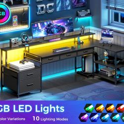 L Shaped Desk with 5 File Drawers, 75" Reversible L Shaped Computer Desk with Power Outlet & LED Strip, Office Desk with Storage Shelves, Gaming Table