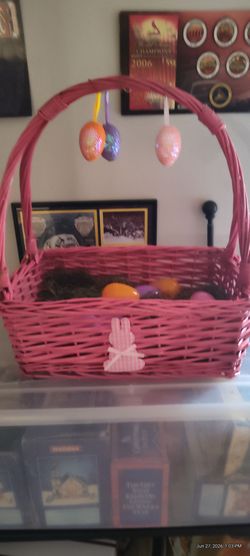 Pink Wicker Easter Basket with Eggs