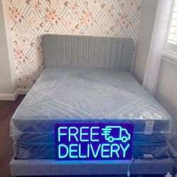 QUEEN size bed frame Gray velvet with mattress and box spring set Colchones Nuevos Queen Size Bed Set FREE DELIVERY