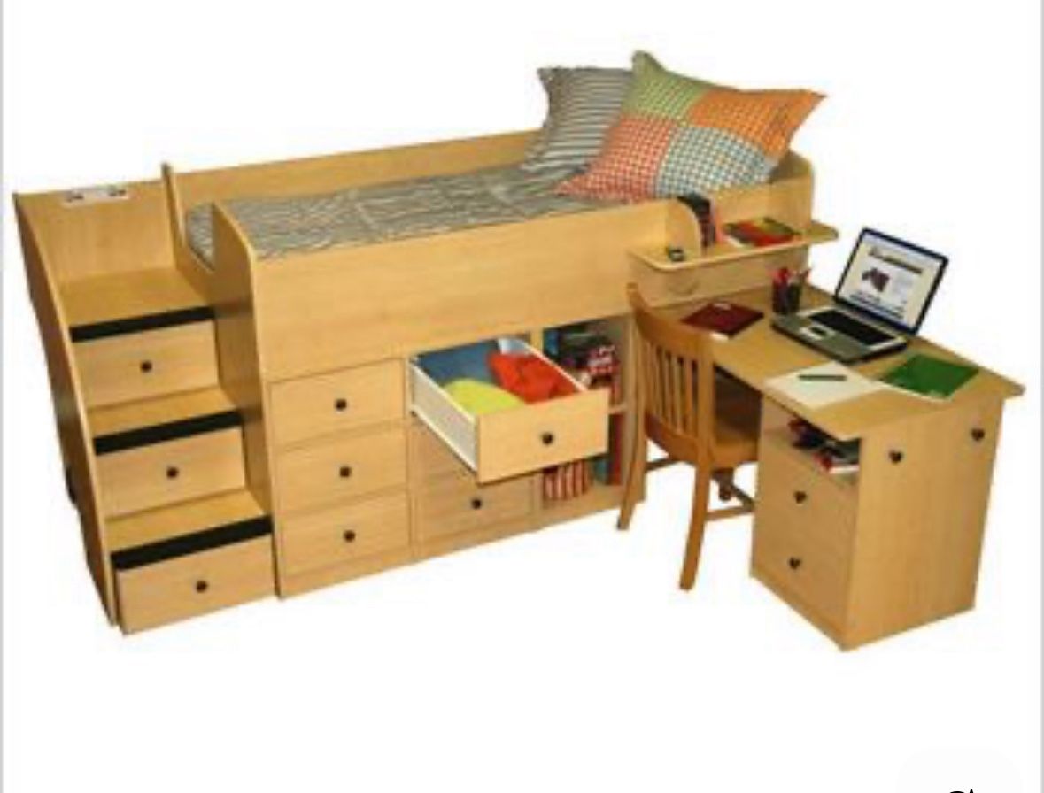 High Quality Real Wood Twin Bed With Drawers And Desk. 