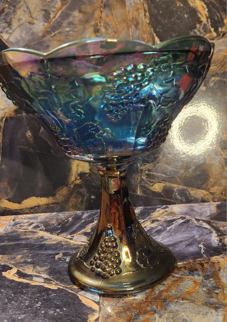 Carnival Glass Footed Compote or Pedestal Bowl with Scalloped Edge