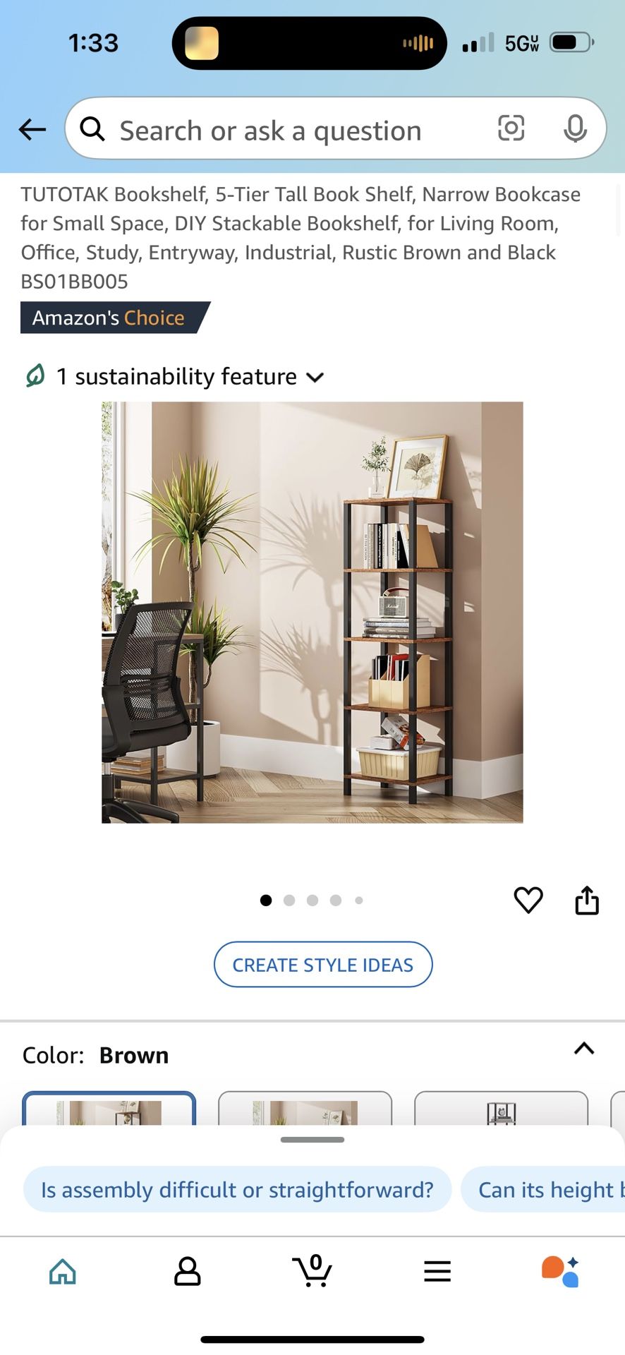 TUTOTAK Bookshelf, 5-Tier Tall Book Shelf, Narrow Bookcase for Small Space, DIY Stackable Bookshelf, for Living Room, Office, Study, Entryway, Industr
