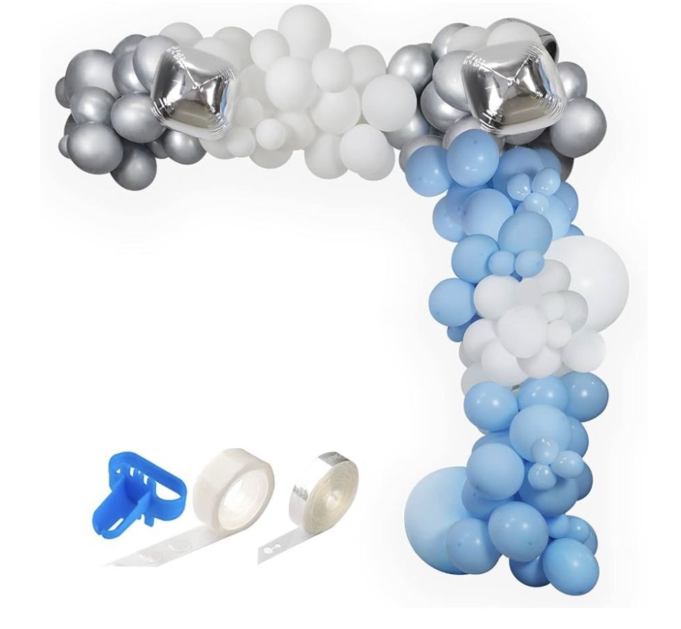 HPWF Baby Shower Decorations for Boy 137 Pcs Baby Blue Balloon Arch Kit White Metallic Silver Balloons 4D Silver Foil Balloons for Elephant Baby Showe