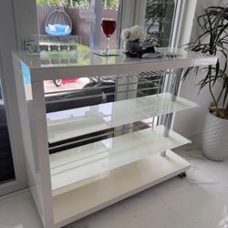 Modern White Gloss Rolling Bar Cart w/ Glass Shelves & Stemware Rack