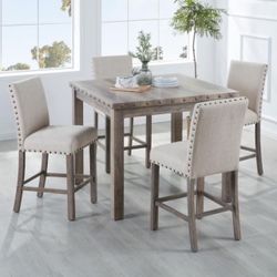 5-Piece Rural Log Wood Counter Height Dining Room Set Square Table Cushioned Chair