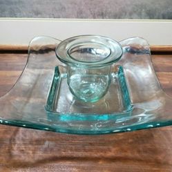 Beautiful Vintage Spanish Sea Glass Green Hue Recycled Glass Decorative Art Square Centerpiece Bowl Plus Glass Candle Holder!