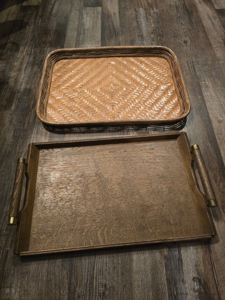 Vintage Trays- 1 Wood, 1 Wicker With Wood Bottom