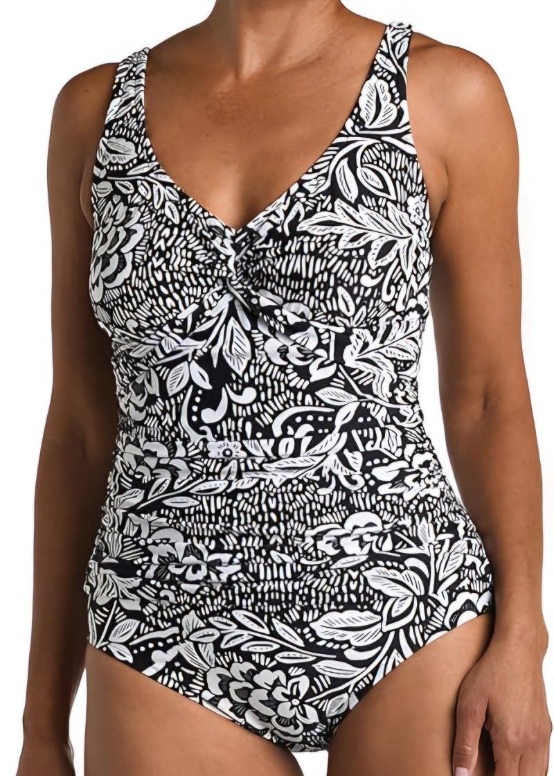 NWT MAXINE OF HOLLYWOOD Black White Floral Twist Front Tummy Control Swimsuit 10
