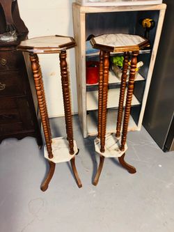 Vintage Walnut and Marble Traditional Plant Table Stand Tall Pedestal Table