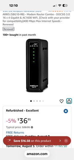 ARRIS (SBG10-RB) - Modem Router Combo - DOCSIS 3.0 16 x 4 Gigabit & AC1600 WiFi, [Check with your provider for compatibility]400 Mbps Max Internet Spe
