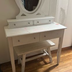 White Vanity Table with Mirror & Bench