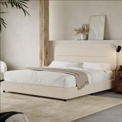 "Full Size Boucle Bed Frame, Upholstered Bed with Thickened Footboard, Soft Rounded Corners, No Box Spring