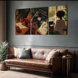 New 16x24in Black Women Canvas Wall Art Set of 3 African American Vinyl Record Abstract Decor