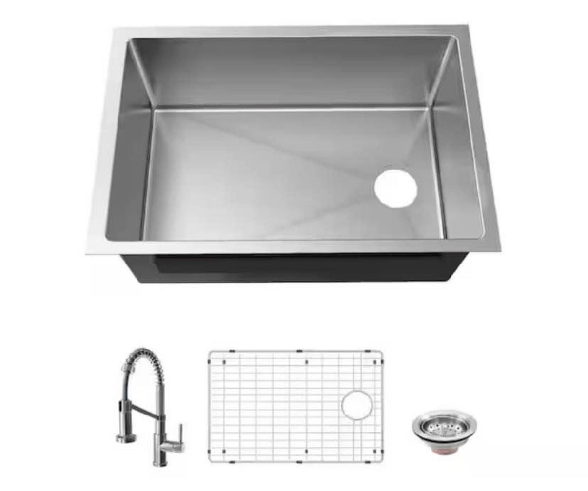 18G AIO SS Under Mount SB Kitchen Sink 27 x 18 x 9 in with spring neck faucet stainless steel