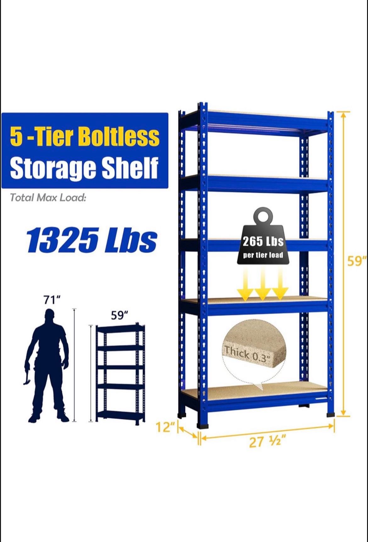 59’’ Heavy Duty Metal 5 Tier Adjustable Storage Shelf - New In Box 