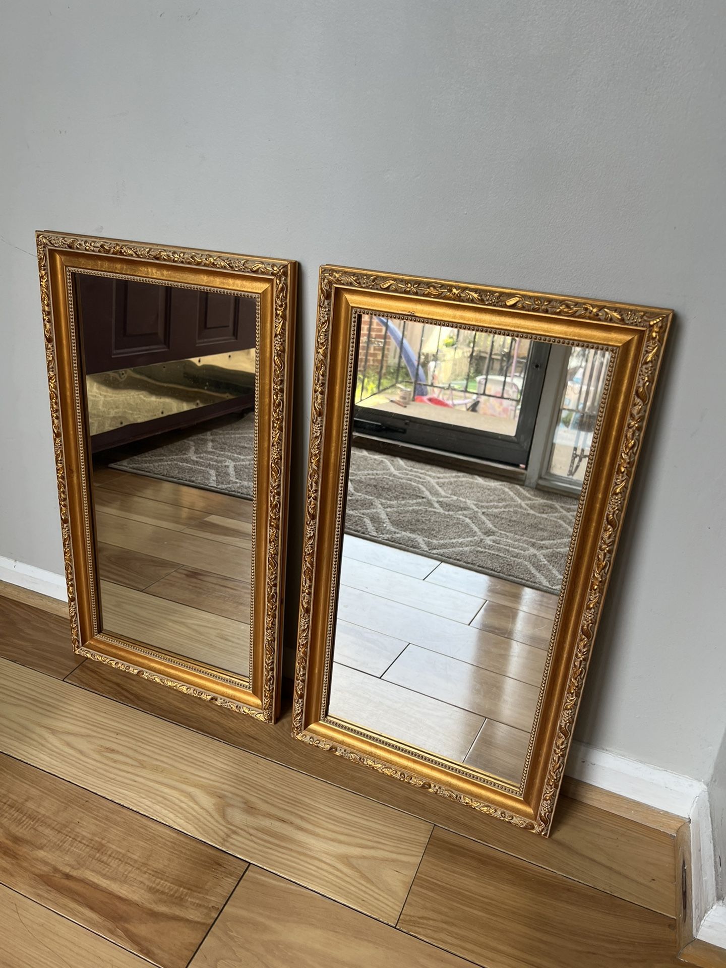 Beautiful Set Of 2 Golden Frame Mirrors (each Mirror 23” Tall X 13” Wide)
