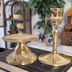 Plated Brass Pillar Candle Holder And Gold Metal Taper Candle Holder Set