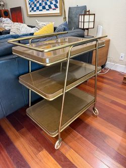 Vintage Atomic MCM 3 Tier Bar Cart Rolling Serving Trolley Brass Wood Finish Wheels