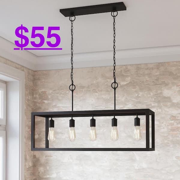Hampton Bay Boswell Quarter 5-Light Black Industrial Linear Island Hanging Chandelier for Kitchen Islands and Dining