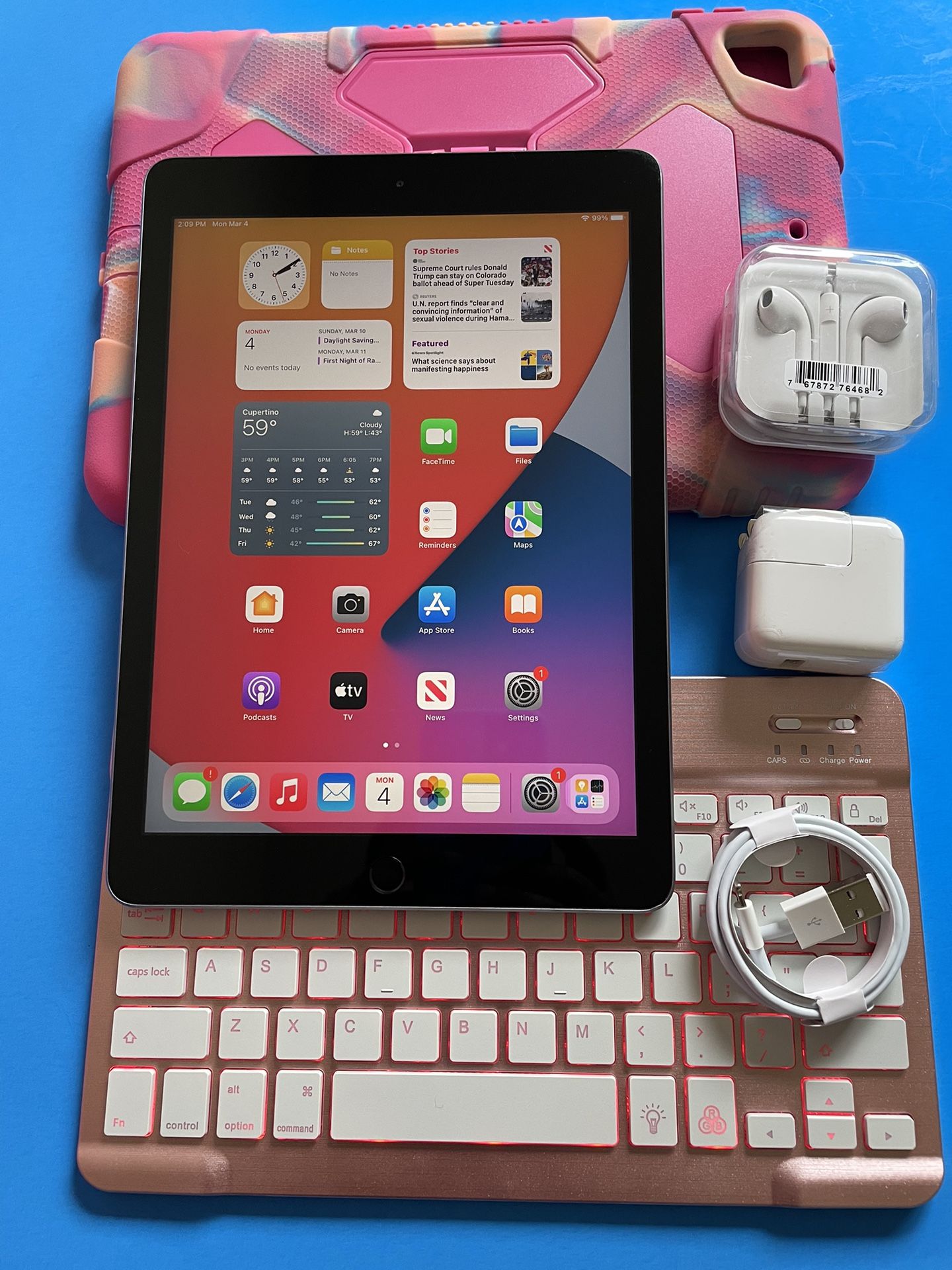 128GB / 32GB Apple IPad 5th generation (9.7” Retina / Touch ID / iOS 16) with case keyboard glass & Accessories