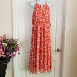London Times Dress SZ 12 New 130$ Tags Orange And White Semi Shear Lined Dress 130$original Price 