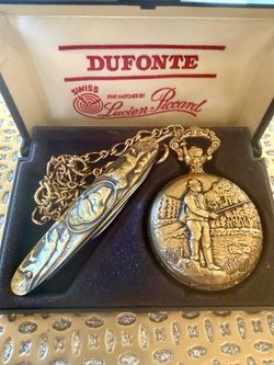 Vintage Dufonte-Lucien Piccard Swiss 17J Pocket Watch/Knife & Box –Fishing Scene