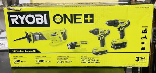 Ryobi ONE+ 18V Lithium-Ion Cordless 4-Tool Combo Kit with (2) Batteries, 18V Charger, and Bag