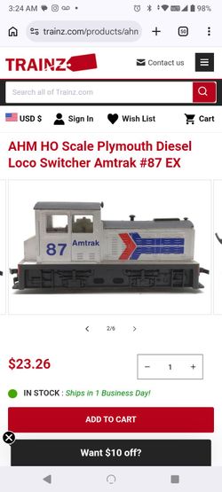 Here is a AHM HO Scale Plymouth Diesel Loco Switcher Amtrak #87. This locomotive features plastic construction, motor, metal wheels, and horn hook cou