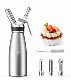 1 Pint 500ml Aluminum Professional Whipped Cream Maker, Leak Free N2O Cream Whipping Canister with Decorating Nozzles & Cleaning Brush