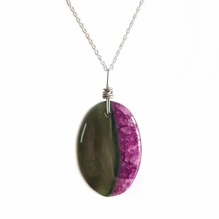 Sterling silver green and purple agate wire wrapped oval pendant necklace new