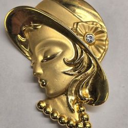 Vintage Goldtone & Rhinestone Accent Woman's Silhouette with a Bonnet Brooch 2"