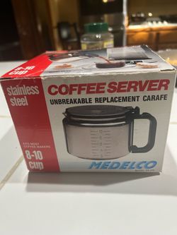 Medelco Stainless Steel Coffee Server Unbreakable Replacement Carafe (Model SS-410) designed to hold 8–10 cups of coffee.