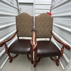 King Thrown Chairs Wood Leather Leopard Set Of 2 