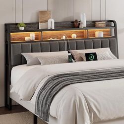 Ergonomic Headboard King Size with 2-Tier Storage, Black & Grey Upholstered Headboards with Power Outlets, USB Ports, LED Light, King Head Board Only,