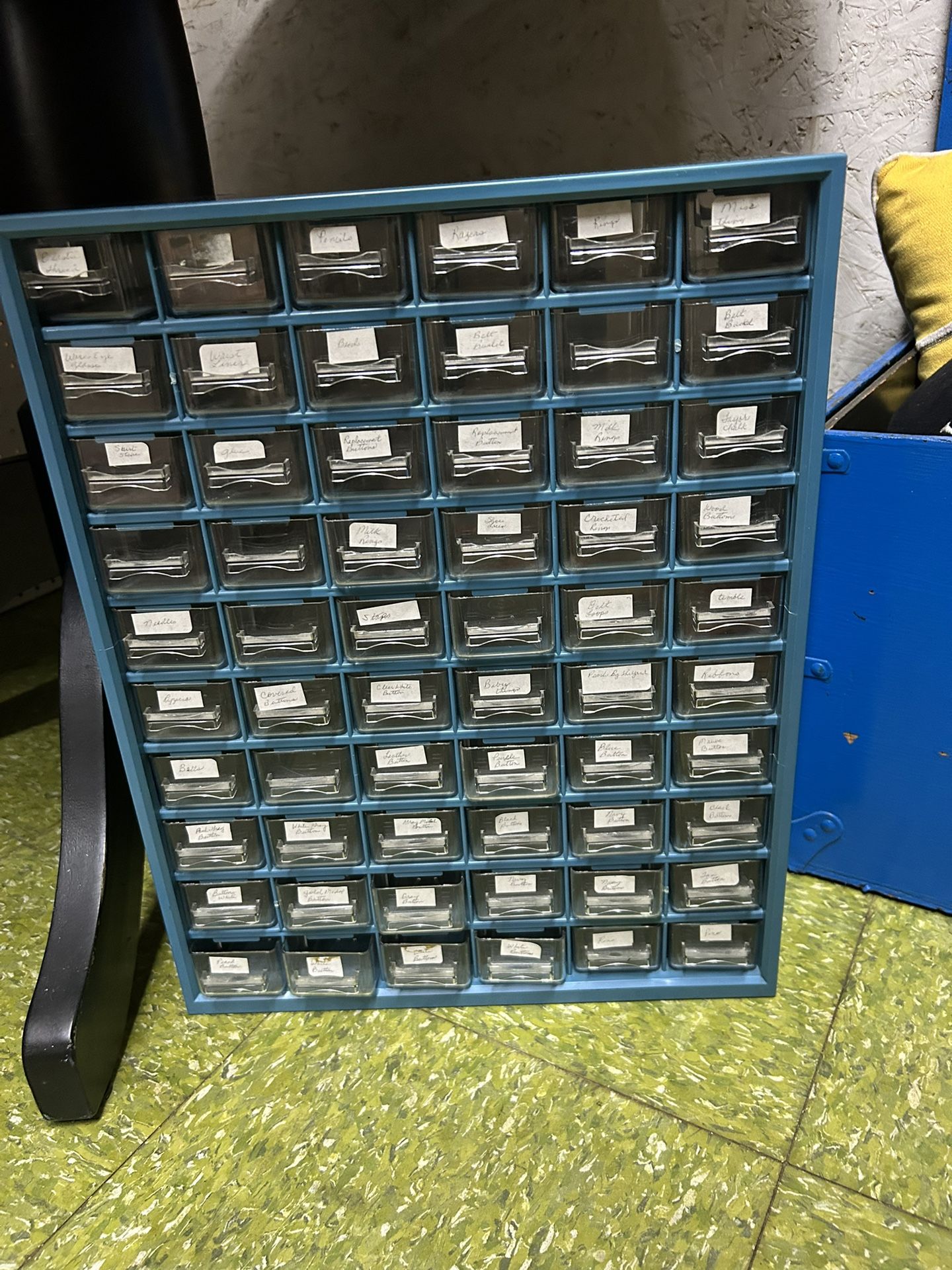 60 Drawer Blue Metal Wall Hanging Container