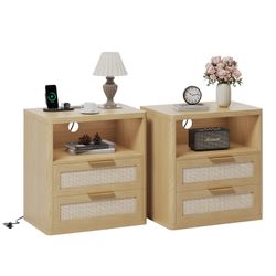 Set of 2 Wooden Nightstand with 2 Drawers and Open Shelf