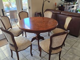 Round Burl Wood Pedestal Dining Table with 5 Chairs and Table Pads