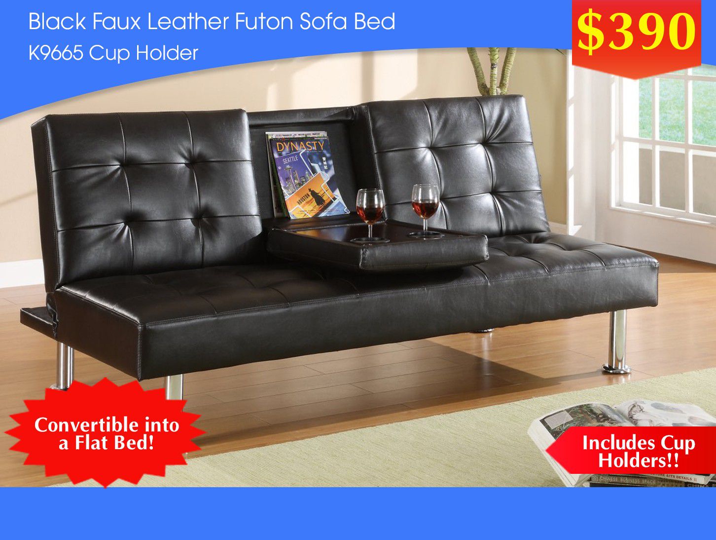 BLACK FAUX LEATHER FUTON SOFA BED K9665 CUP HOLDER