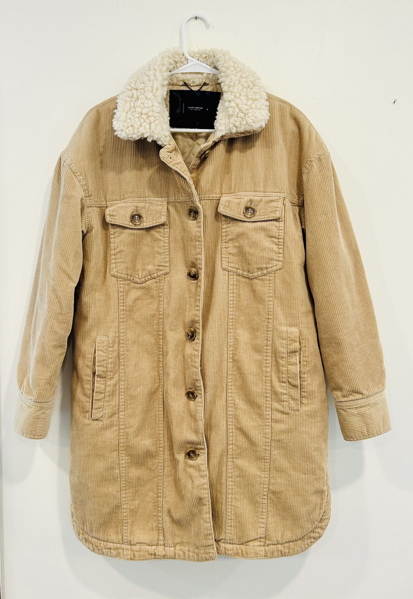 LUCKY BRAND Women’s Tan Corduroy Sherpa Faux Fur Satin Lined Button Down Coat Size Medium